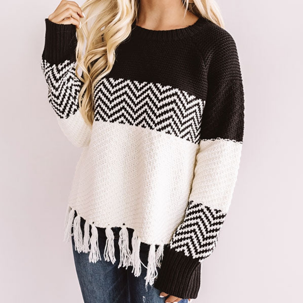 Impressions Black and White Crew Neck Sweater with Chevron Pattern